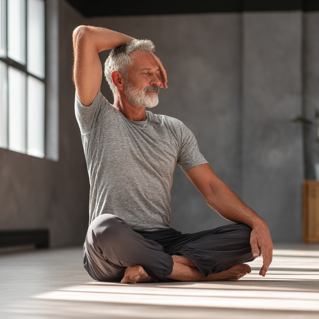 Middle-aged adult practicing mindful stretching and mobility exercises indoors