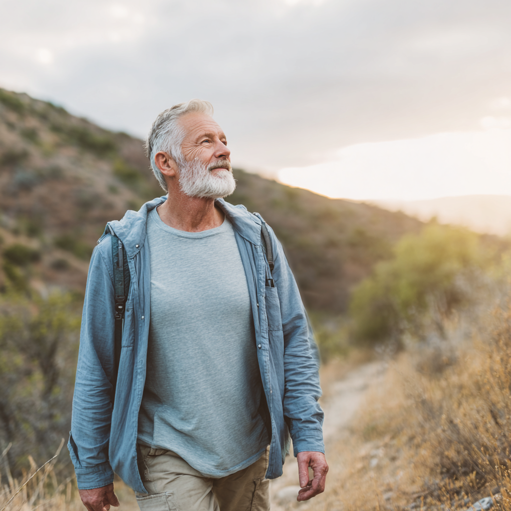 Older adult walking confidently outdoors in natural setting